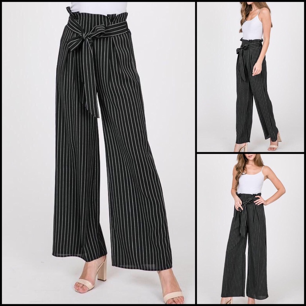 High Waist Wide Legged Black Striped Dress Pants